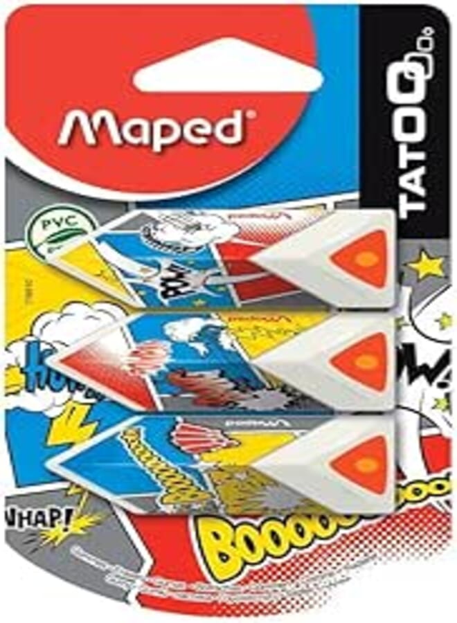 Maped Helix USA Pyramid Eraser, Assorted Colors, Pack of 3 (119510ST)